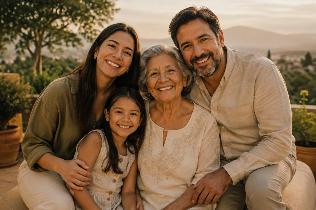 Familia latina de tres generaciones sonriendo en una terraza al atardecer