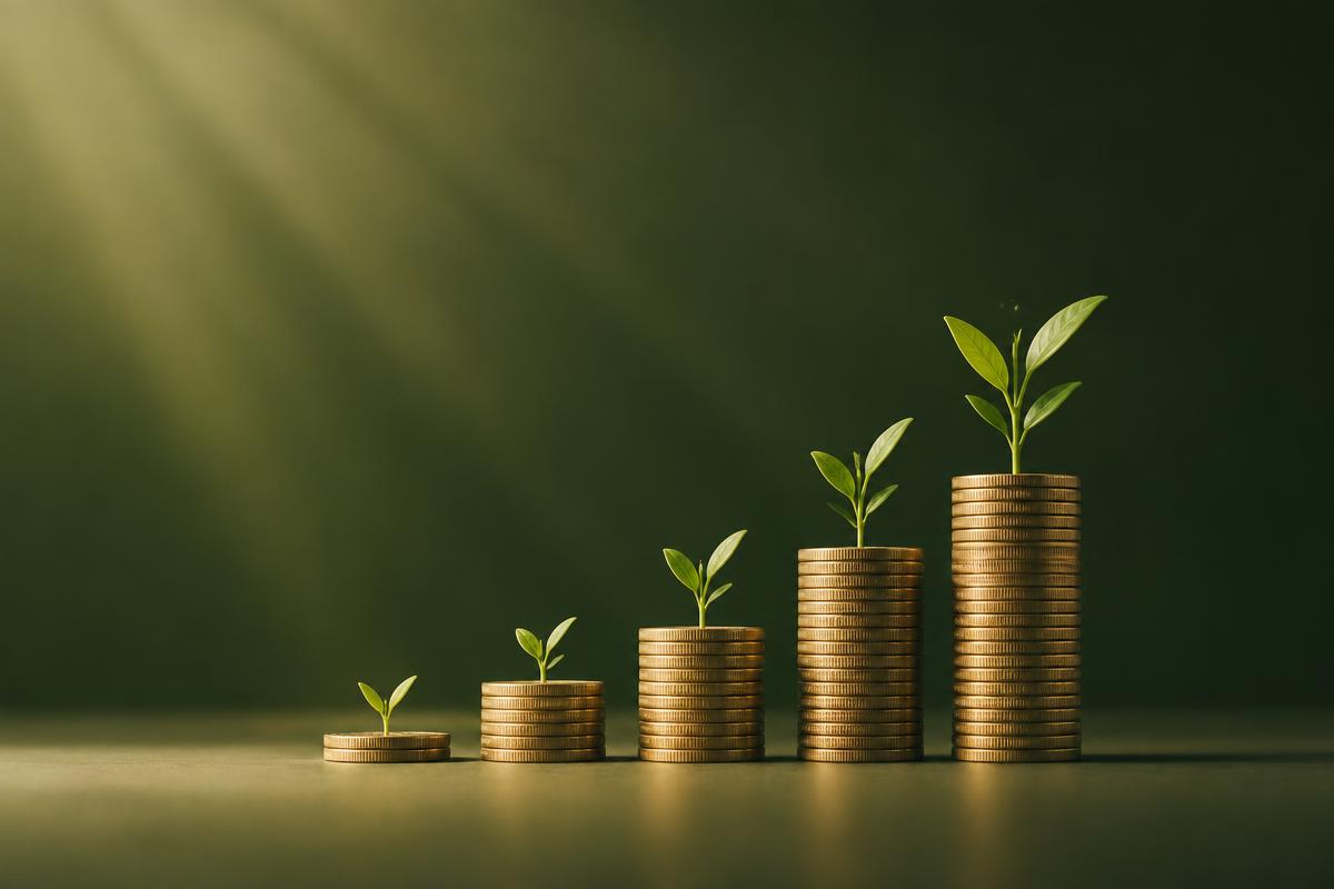 Pilas de monedas que crecen como escalones con brotes verdes: el interés compuesto